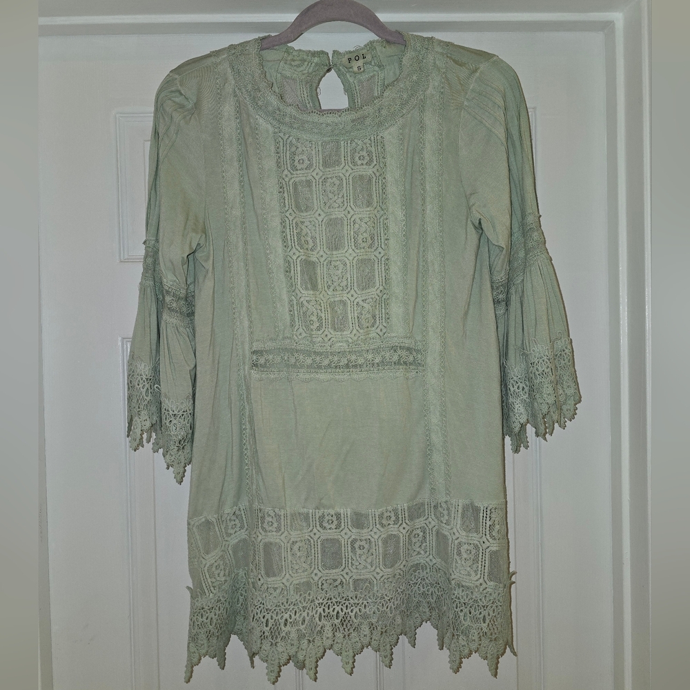 POL Sage Green Lace Trim Blouse